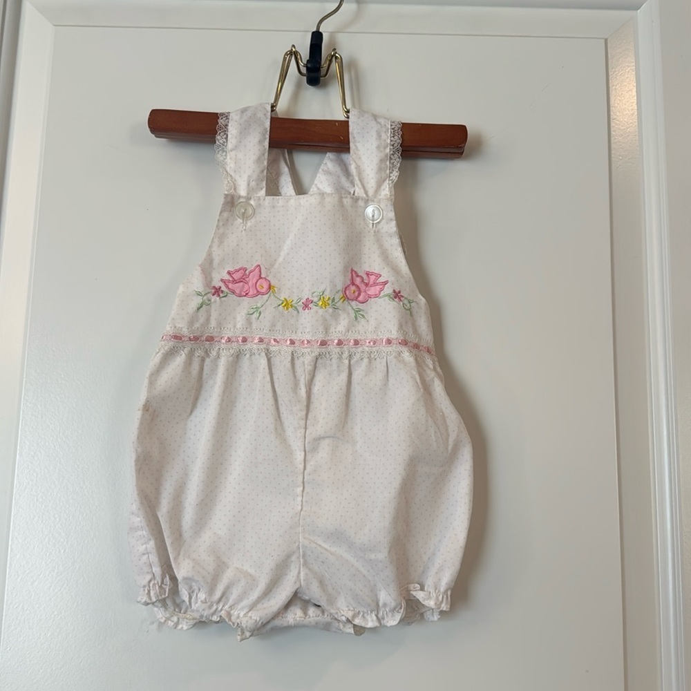 Vintage baby romper pink dots w pink birds floral embroidered by color kids 12m